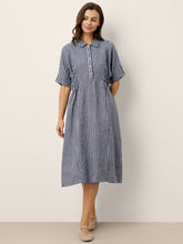 Load image into Gallery viewer, 100% Linen Striped Buttoned Front Short Sleeve Midi Shirt Dress CASSANDRA