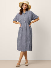 Load image into Gallery viewer, 100% Linen Striped Buttoned Front Short Sleeve Midi Shirt Dress CASSANDRA