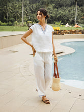 Load image into Gallery viewer, 100% Linen Embroidered Elastic Waist Pants FENE