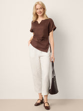 Load image into Gallery viewer, 100% Linen Asymmetric Hem Side Gathered Split-Neck Top MINERVA