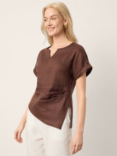 Load image into Gallery viewer, 100% Linen Asymmetric Hem Side Gathered Split-Neck Top MINERVA