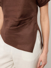 Load image into Gallery viewer, 100% Linen Asymmetric Hem Side Gathered Split-Neck Top MINERVA