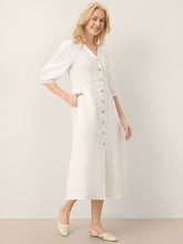 Load image into Gallery viewer, 100% Linen Button-Front Lantern Sleeve Elasticated Waist Midi Dress LINNEA