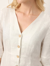 Load image into Gallery viewer, 100% Linen Button-Front Lantern Sleeve Elasticated Waist Midi Dress LINNEA