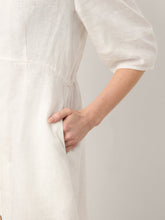 Load image into Gallery viewer, 100% Linen Button-Front Lantern Sleeve Elasticated Waist Midi Dress LINNEA