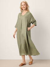 Load image into Gallery viewer, 100% Linen Center Pleat V-Neck Cuffed Sleeve Maxi Dress ZENOBIA