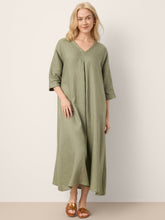 Load image into Gallery viewer, 100% Linen Center Pleat V-Neck Cuffed Sleeve Maxi Dress ZENOBIA