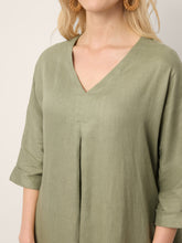Load image into Gallery viewer, 100% Linen Center Pleat V-Neck Cuffed Sleeve Maxi Dress ZENOBIA