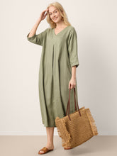 Load image into Gallery viewer, 100% Linen Center Pleat V-Neck Cuffed Sleeve Maxi Dress ZENOBIA