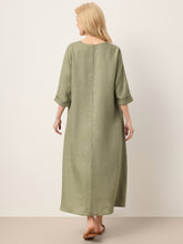 Load image into Gallery viewer, 100% Linen Center Pleat V-Neck Cuffed Sleeve Maxi Dress ZENOBIA