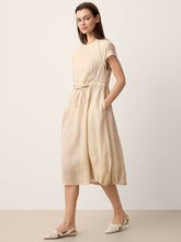 Load image into Gallery viewer, 100% Linen Lace-Inset Bubble-Hem Midi Dress LORITA