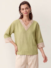 Load image into Gallery viewer, 100% Linen Lace-Trim V-Neck Top KEELY