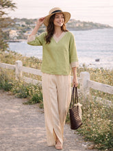 Load image into Gallery viewer, 100% Linen Lace-Trim V-Neck Top KEELY