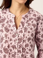 Load image into Gallery viewer, Linen Paisley Pintucked Ruffle-Cuff Curved Hem Blouse ILARIA