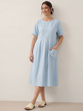 Load image into Gallery viewer, 100% Linen Pinstripe Paneled Short-Sleeved Dress MORGAN