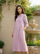 Load image into Gallery viewer, 100% Linen Rolled Collar Asymmetric Button Maxi Dress ELARAINE