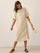 Load image into Gallery viewer, 100% Linen Round Neck Button Detail Midi Dress JELENA