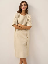 Load image into Gallery viewer, 100% Linen Round Neck Button Detail Midi Dress JELENA