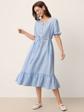 Load image into Gallery viewer, 100% Linen Ruffle-Trim Belted Midi Dress LIVARA