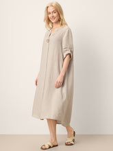 Load image into Gallery viewer, 100% Linen Stand Collar V-Slit Tab Sleeve Maxi Dress LEORA