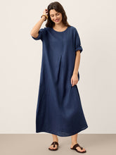Load image into Gallery viewer, 100% Linen Roll-Up Sleeve Inverted Pleat Maxi Dress MARIBEL