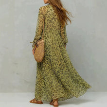 Load image into Gallery viewer, Women's Leopard Print Chiffon Deep V-Neck Flared Maxi Dress | Three-Quarter Sleeve Beach Vacation Dress