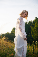 Load image into Gallery viewer, Minimalist Square Neck Wedding Dress with Sheer Embroidered Sleeves โ Modern Bridal Elegance