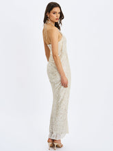 Load image into Gallery viewer, Quimera Almond Beaded Cape Halter Off-Shoulder Maxi Gown