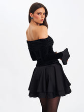 Load image into Gallery viewer, Magnolia Black Off-Shoulder Layered Satin Mini Dress
