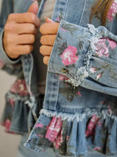 Load image into Gallery viewer, Women's Retro Floral Print Denim Jacket – Long Sleeve Collared Ruffled Hem Short Jacket
