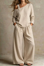 Load image into Gallery viewer, Women's One-Shoulder Buckle-Strap Long-Sleeve Linen Blend Top & Wide-Leg Palazzo Trouser Set