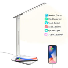 Load image into Gallery viewer, 10W LED Desk Lamp with phone Wireless Charger, USB Charging Port, Dimmable Eye-Caring Office Lamp for Work, Folding Design Decorative Table Lamp Cute Study Lamps for Bedroom Décor