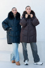 Load image into Gallery viewer, Celeste Genuine Fur Trim Down Fill Coat in Black