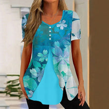 Load image into Gallery viewer, Women’s Printed Faux Two-Piece V-Neck Short Sleeve Top