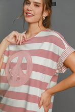 Load image into Gallery viewer, Peace Applique Striped Short Sleeve Mini Dress – Trendy Stripes, Playful Peace Applique, and High-Low Hem for a Chic Casual Look