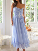 Load image into Gallery viewer, Vintage Ruffled Hem Midi Dress With Tied And Ruched Detail Elegant Feminine Girls Dress