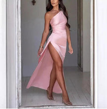 Load image into Gallery viewer, Sexy One-shoulder Backless Slit Dress Summer Elegant Slim-fit Solid Color Satin Dresses For Women