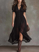 Load image into Gallery viewer, Women's Short Sleeve Bodycon Maxi Dress | Ruffled Hem Side Slit Dark Chic Dress in Black