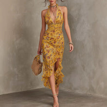 Load image into Gallery viewer, Women's Halter Neck Deep V Floral Maxi Dress | Ruffle Split Waist-Cinching Boho Dress