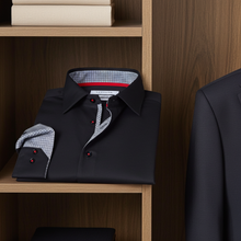 Load image into Gallery viewer, Donny// Cotton Knit-Stretch Button-Up Shirt With Contrast Details // Black // Tailored Fit (Fitted)