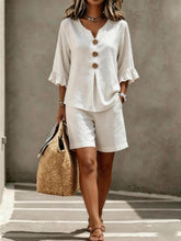 Load image into Gallery viewer, Women's Buttoned V-Neck Ruffle-Trim Top & Shorts Two-Piece Set