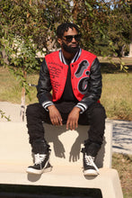 Load image into Gallery viewer, F1026 Product of Poverty Varsity Jacket - Red