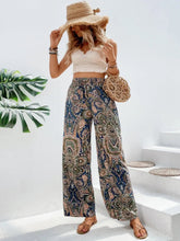 Load image into Gallery viewer, Women's Paisley Print Wide-Leg Pants – Boho Smocked Elastic Waist Tie-Up Flowy Trousers