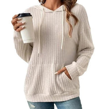 Load image into Gallery viewer, Mandotos Womens Knit Hoodie Sweatshirt With Pockets Drawstring Long Sleeve Solid Sunken Stripe Knitwear