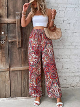 Load image into Gallery viewer, Women's Paisley Print Wide-Leg Pants – Boho Smocked Elastic Waist Tie-Up Flowy Trousers
