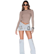 Load image into Gallery viewer, Women's Light Blue Denim Mini Skirt – Bodycon Cross-Over Buckle Design