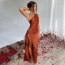 Load image into Gallery viewer, Sexy One-shoulder Backless Slit Dress Summer Elegant Slim-fit Solid Color Satin Dresses For Women