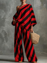 Load image into Gallery viewer, Women's Retro Striped Batwing Top & Wide-Leg Pants Set – Vintage 2-Piece