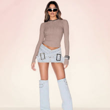Load image into Gallery viewer, Women's Light Blue Denim Mini Skirt – Bodycon Cross-Over Buckle Design