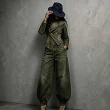Load image into Gallery viewer, Women's Washed Distressed Denim Asymmetric Double-Breasted Jacket & Balloon-Leg Trouser Set